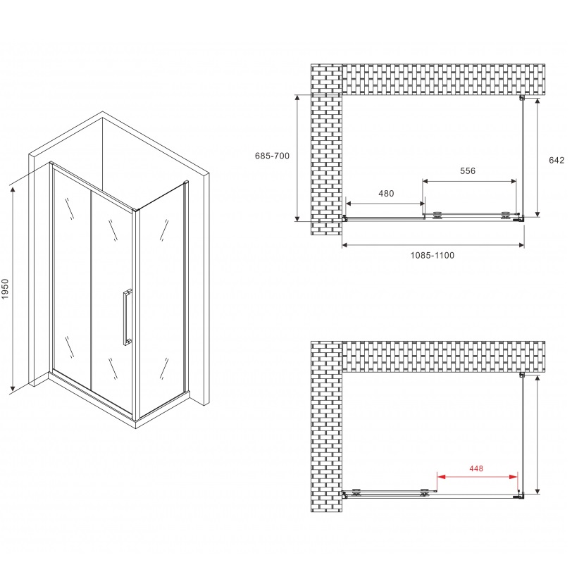 Душевой уголок Abber Schwarzer Diamant  AG30110BH-S70B 110x70x195 (черный матовый)