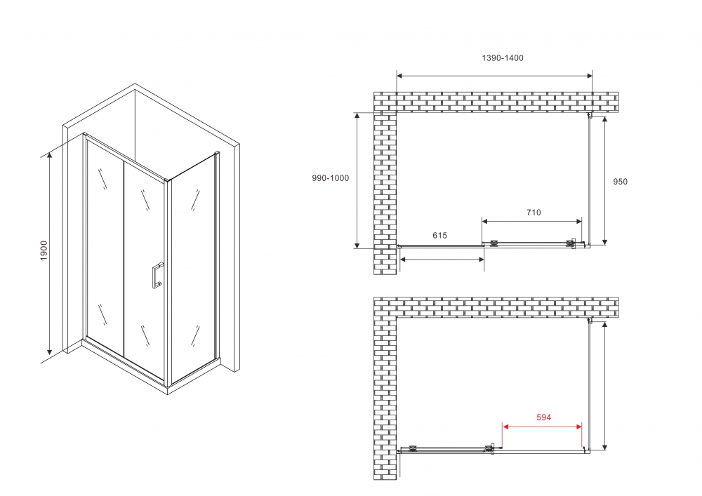 Душевой уголок ABBER Schwarzer AG301405-S1005 140x100x190 (хром)