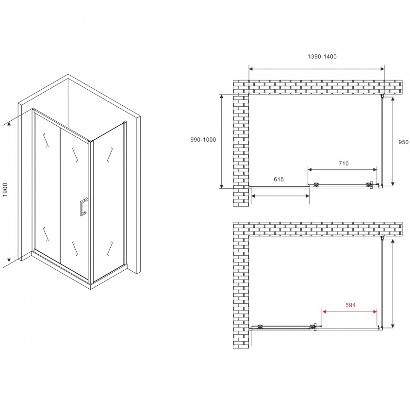 Душевой уголок ABBER Schwarzer AG30140B5-S100B5 140x100x190 (черный матовый)