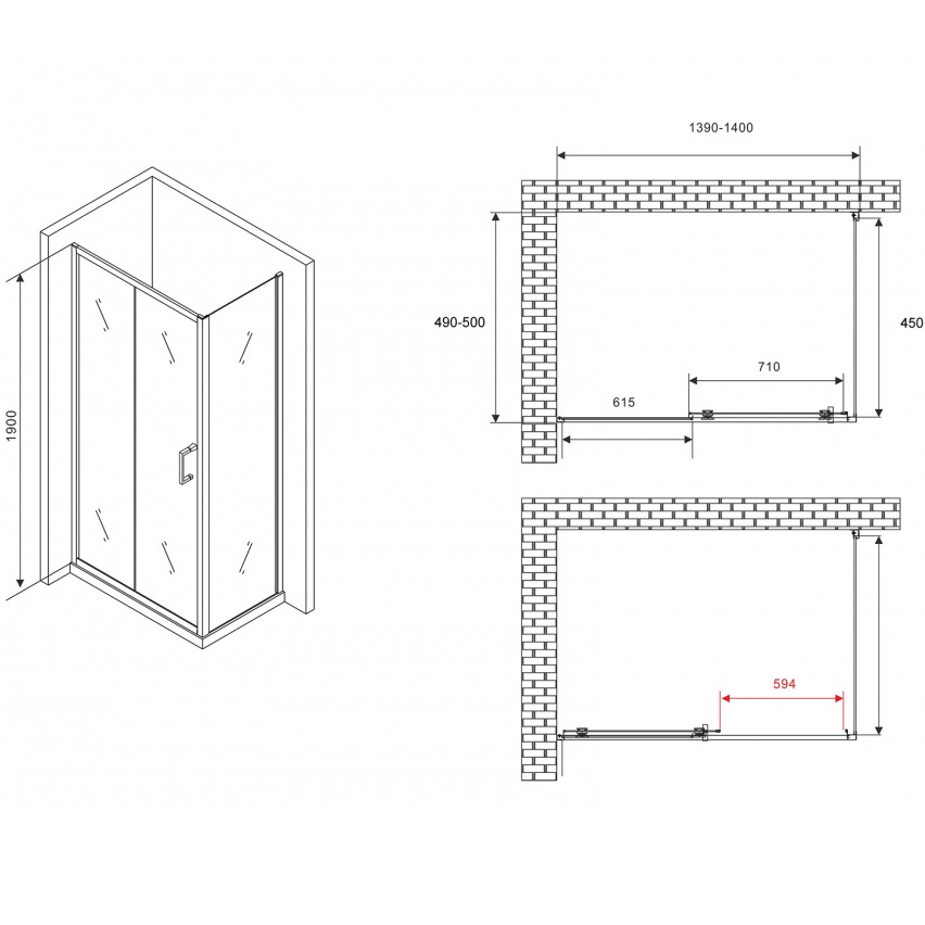 Душевой уголок ABBER Schwarzer AG30140B5-S50B5 140x50x190 (черный матовый)