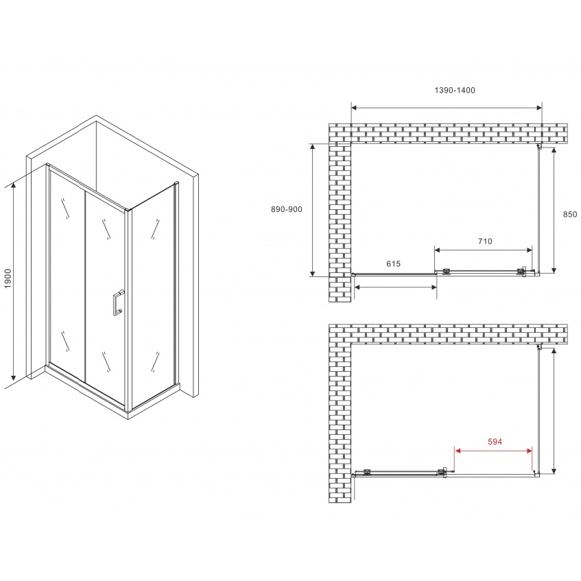 Душевой уголок ABBER Schwarzer AG30140B5-S90B5 140x90x190 (черный матовый)