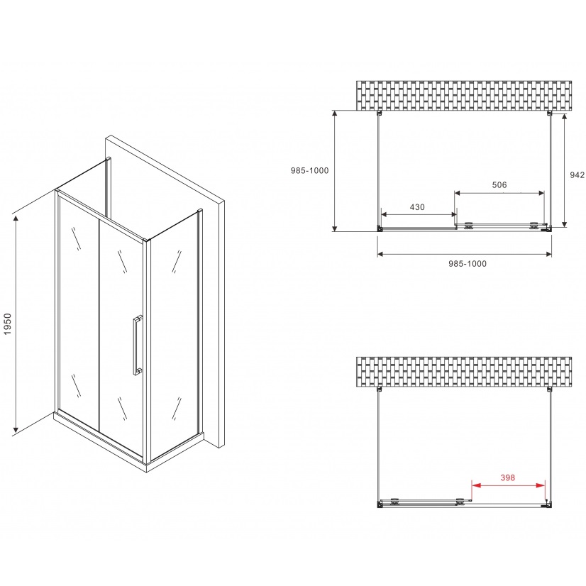 Душевой уголок Abber Schwarzer Diamant AG30100BH-S100B-S100B 100x100x195 (черный матовый), П-образный