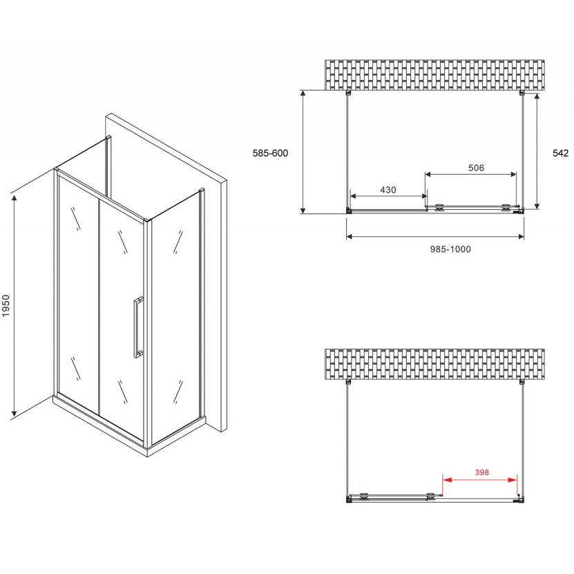 Душевой уголок Abber Schwarzer Diamant AG30100BH-S60B-S60B 100x60x195 (черный матовый), П-образный