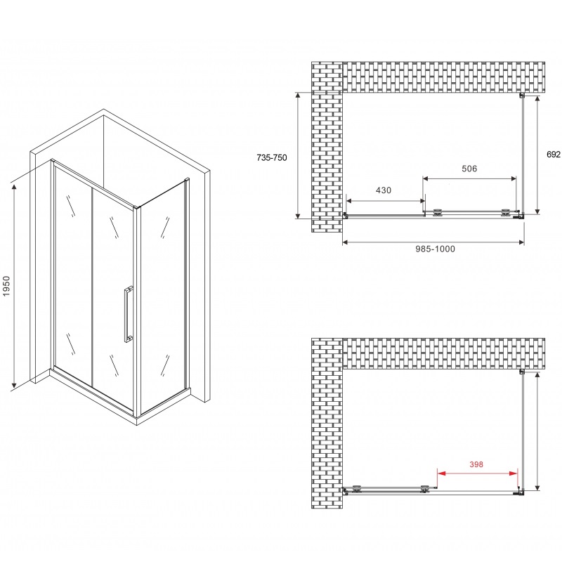 Душевой уголок Abber Schwarzer Diamant AG30100BH-S75B 100x75x195 (черный матовый)