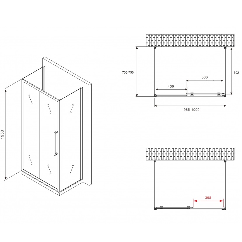 Душевой уголок Abber Schwarzer Diamant AG30100BH-S75B-S75B 100x75x195 (черный матовый), П-образный