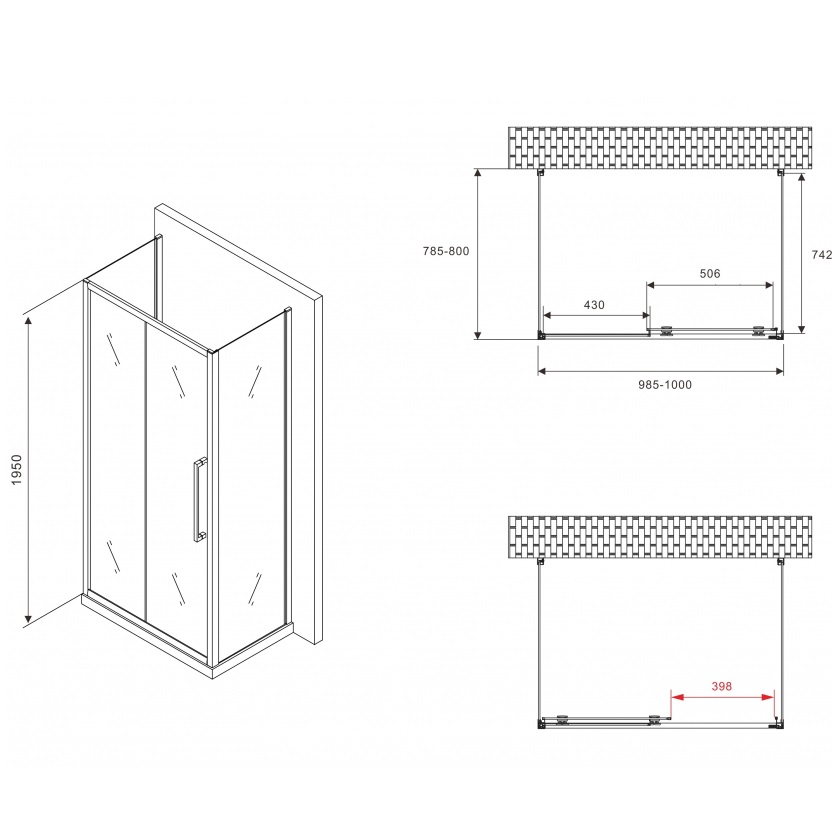 Душевой уголок Abber Schwarzer Diamant AG30100BH-S80B-S80B 100x80x195 (черный матовый), П-образный