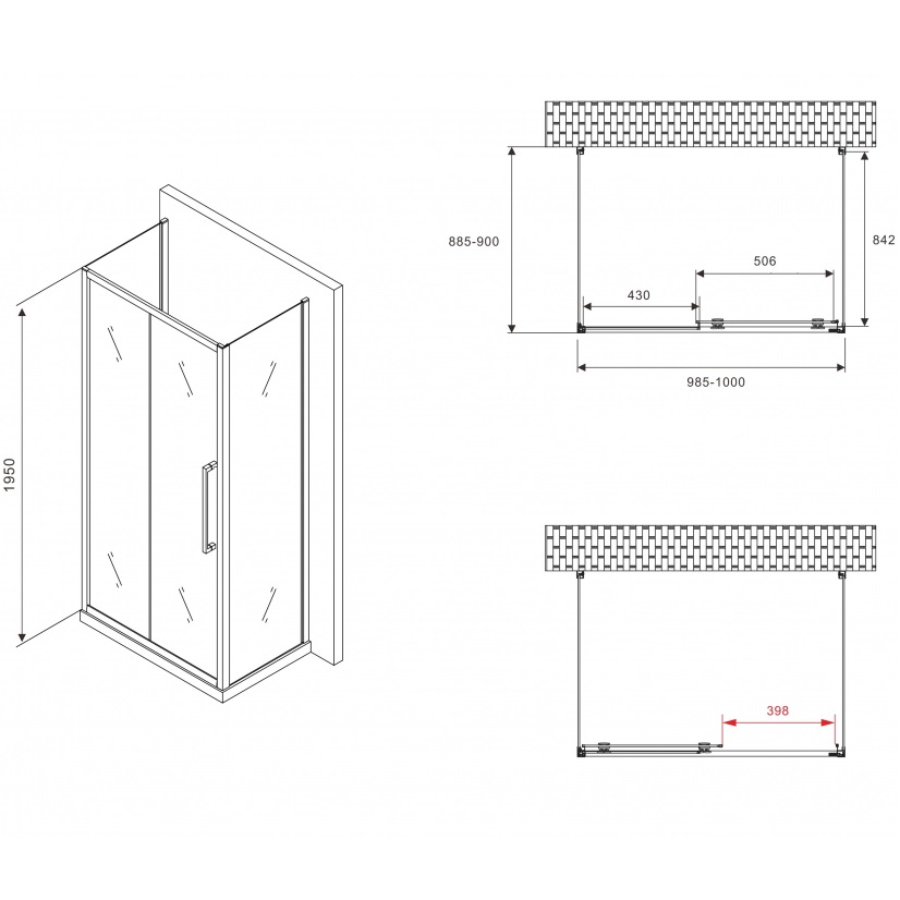 Душевой уголок Abber Schwarzer Diamant AG30100BH-S90B-S90B 100x90x195 (черный матовый), П-образный