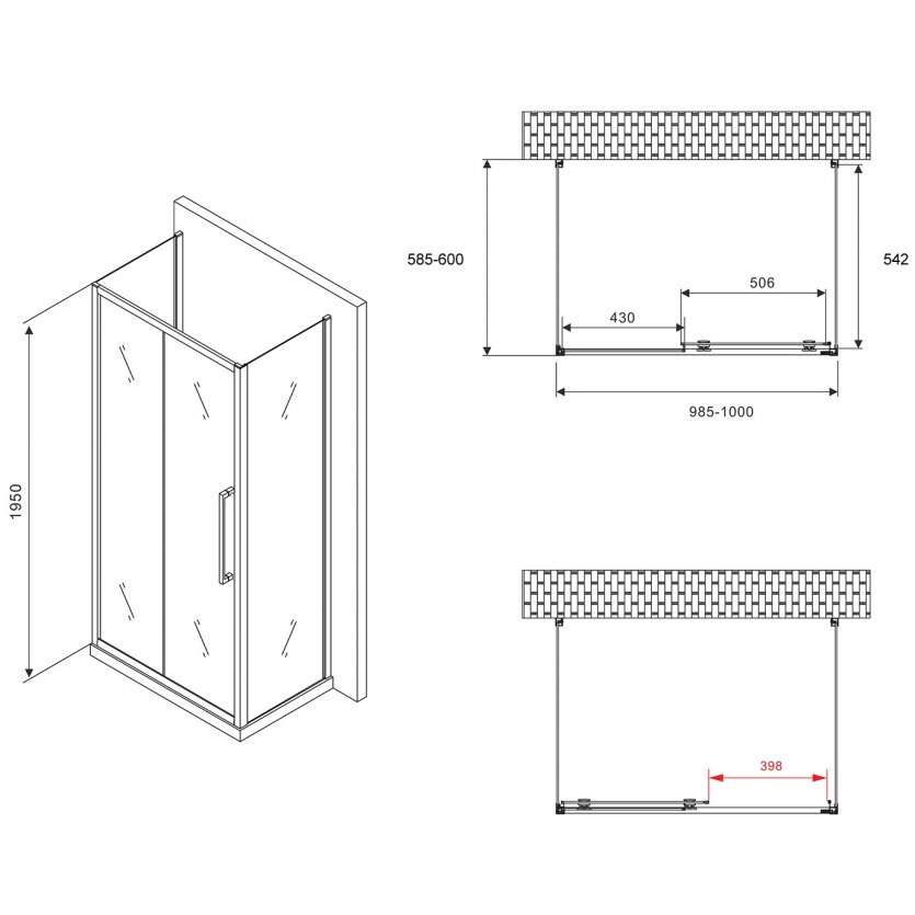 Душевой уголок Abber Schwarzer Diamant AG30100H-S60-S60 100x60x195 (хром), П-образный 