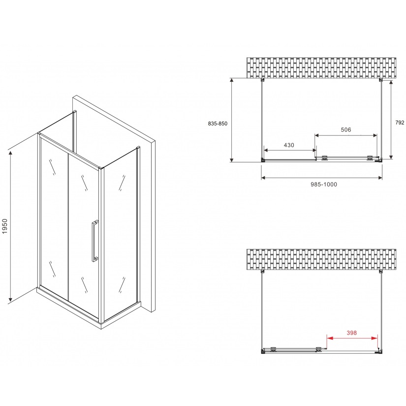 Душевой уголок Abber Schwarzer Diamant AG30100H-S85-S85 100x85x195 (хром), П-образный
