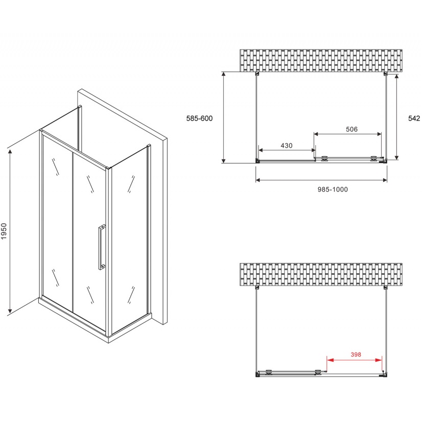 Душевой уголок Abber Schwarzer Diamant AG30100MH-S60M-S60M 100x60x195 (хром),  П-образный