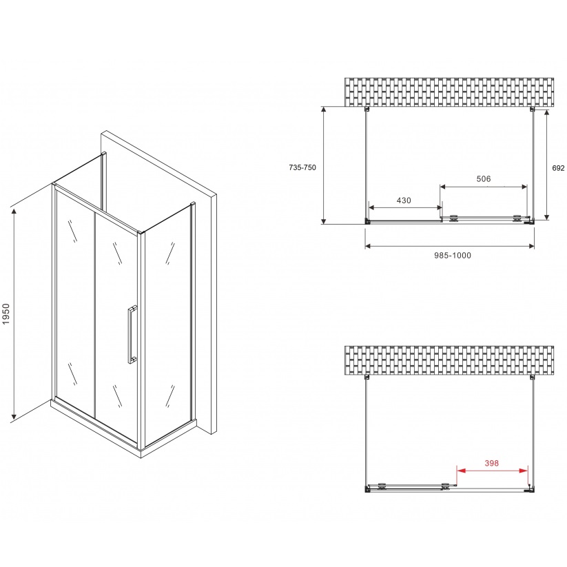 Душевой уголок Abber Schwarzer Diamant AG30100MH-S75M-S75M 100x75x195 (хром), П-образный