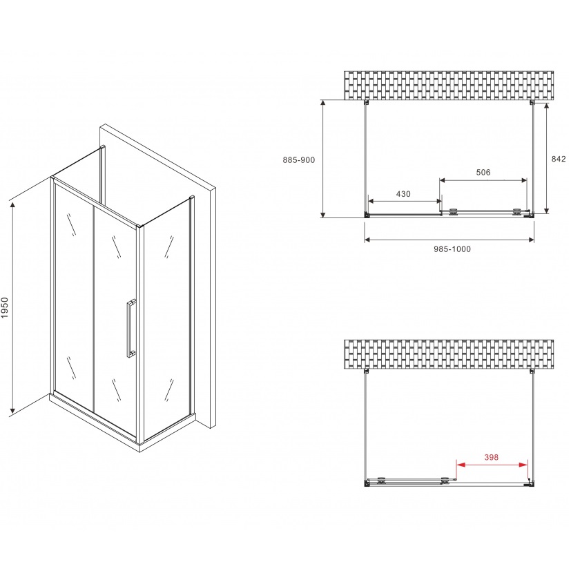 Душевой уголок Abber Schwarzer Diamant AG30100MH-S90M-S90M 100x90x195 (хром), П-образный