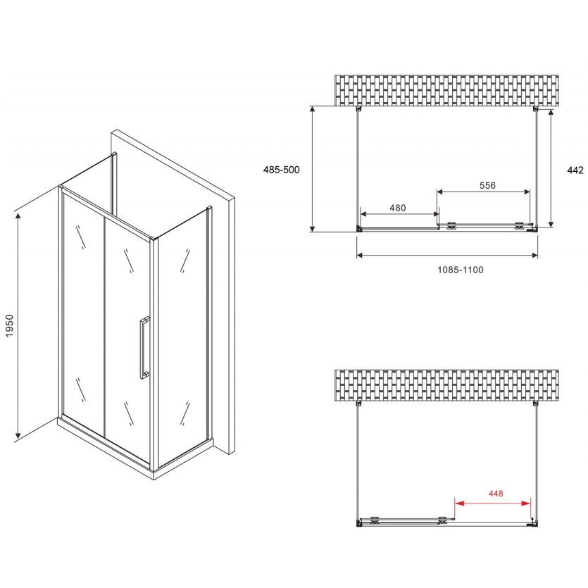 Душевой уголок Abber Schwarzer Diamant AG30110BH-S50B-S50B 110x50x195 (черный матовый), П-образный