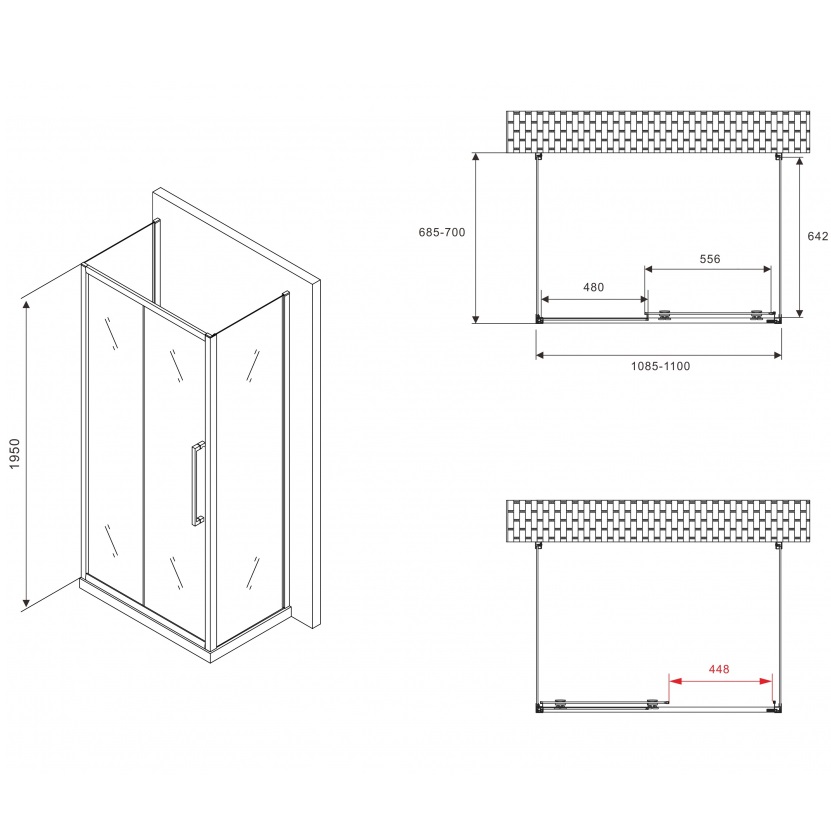 Душевой уголок Abber Schwarzer Diamant AG30110BH-S70B-S70B 110x70x195 (черный матовый), П-образный