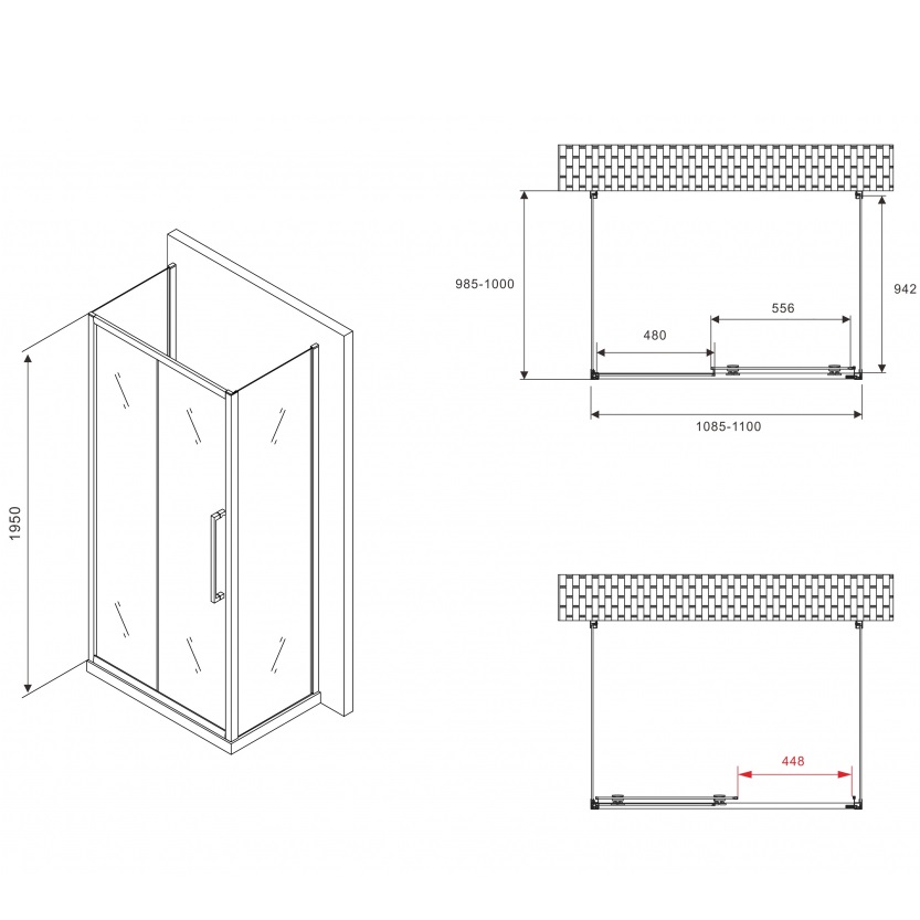 Душевой уголок Abber Schwarzer Diamant AG30110H-S100-S100 110x100x195 (хром), П-образный