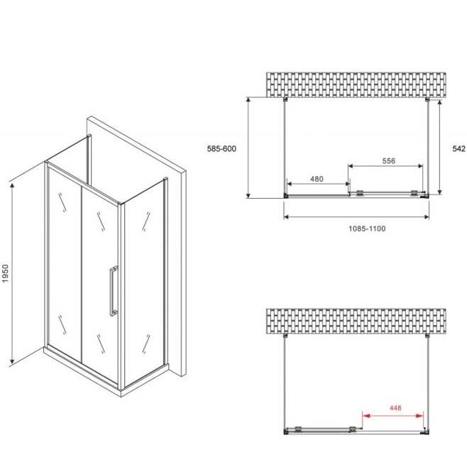 Душевой уголок Abber Schwarzer Diamant AG30110H-S60-S60 110x60x195 (хром), П-образный