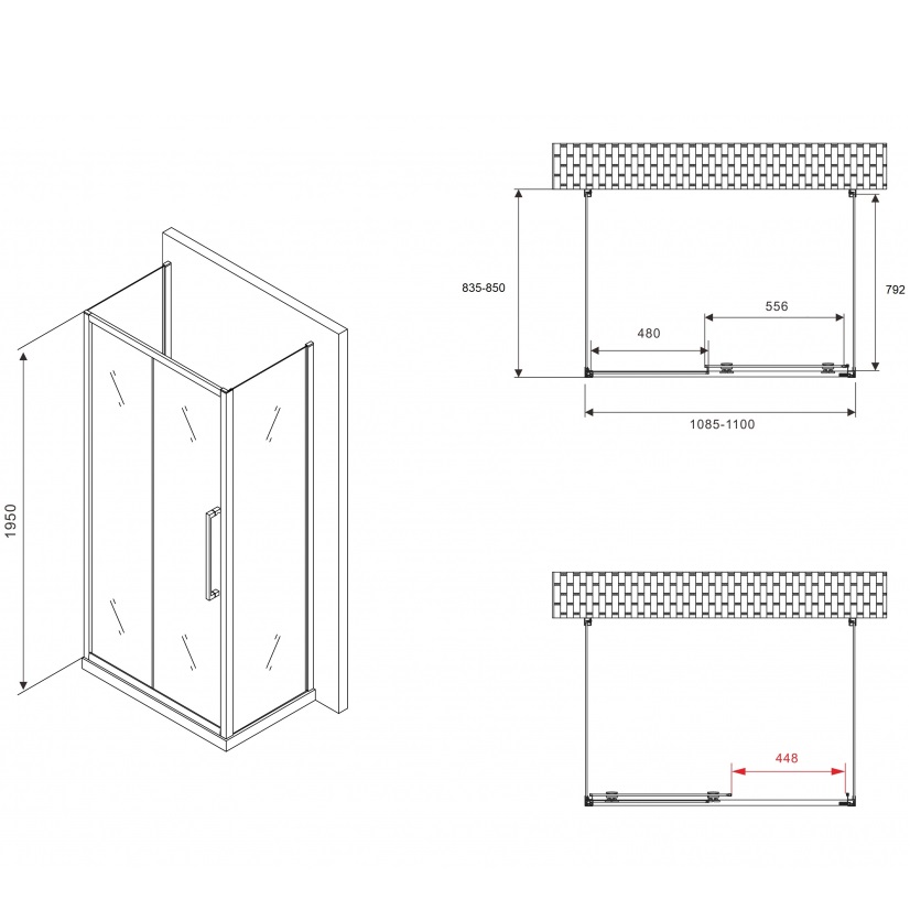 Душевой уголок Abber Schwarzer Diamant AG30110H-S85-S85 110x85x195 (хром), П-образный