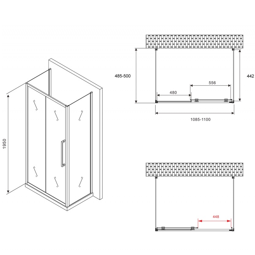 Душевой уголок Abber Schwarzer Diamant AG30110MH-S50M-S50M 110x50x195 (хром), П-образный