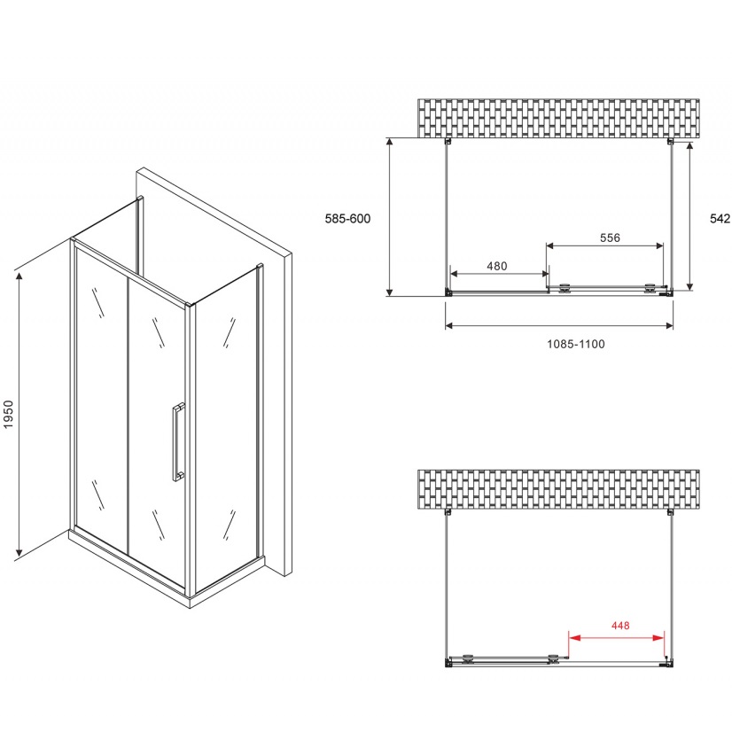 Душевой уголок Abber Schwarzer Diamant AG30110MH-S60M-S60M 110x60x195 (хром), П-образный