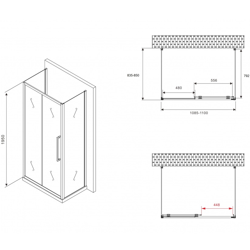 Душевой уголок Abber Schwarzer Diamant AG30110MH-S85M-S85M 110x85x195 (хром), П-образный