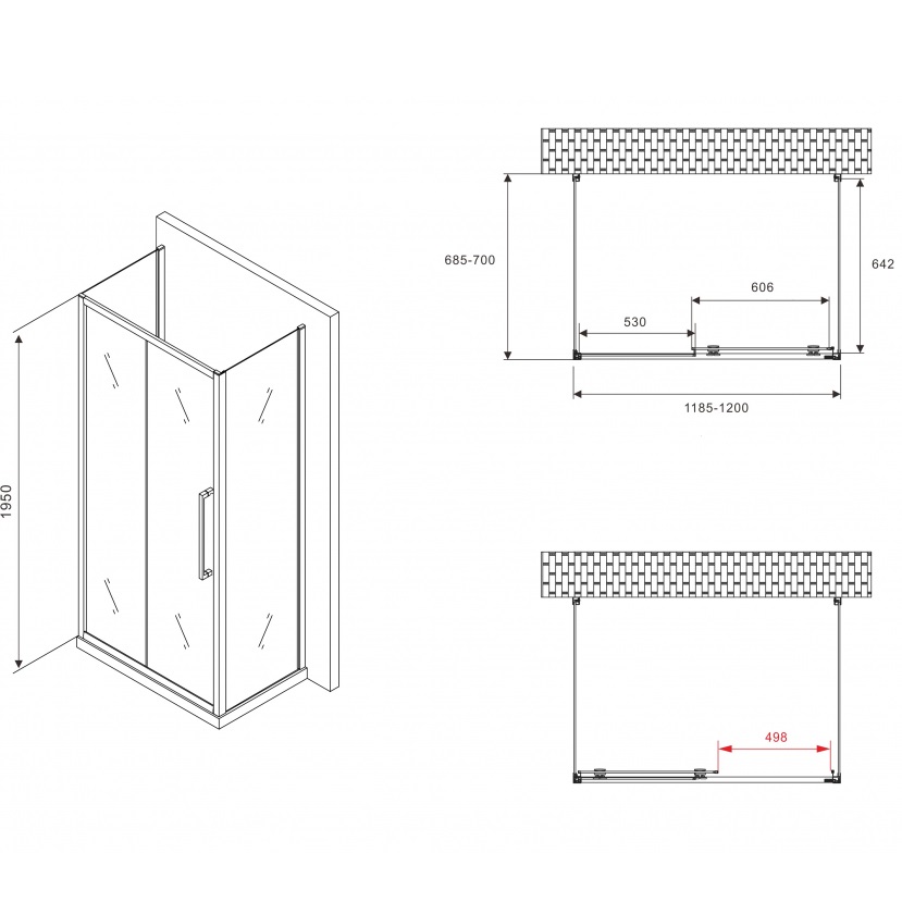 Душевой уголок Abber Schwarzer Diamant AG30120BH-S70B-S70B 120x70x195 (черный матовый), П-образный