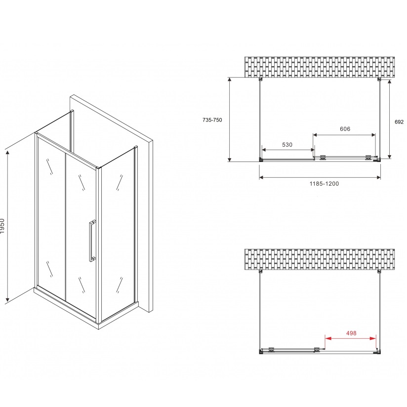 Душевой уголок Abber Schwarzer Diamant AG30120BH-S75B-S75B 120x75x195 (черный матовый), П-образный