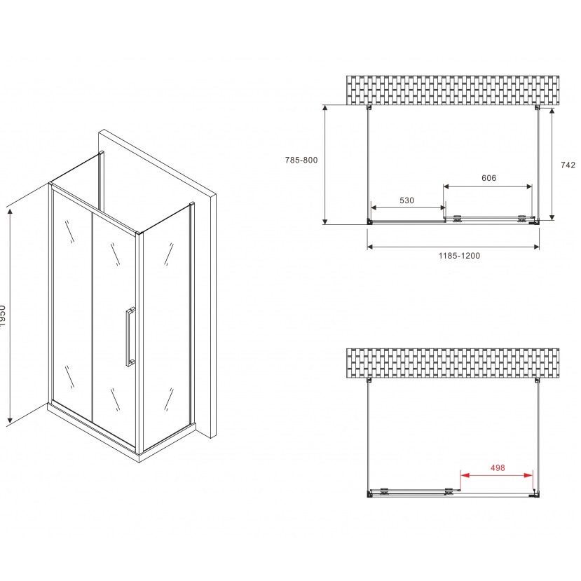Душевой уголок Abber Schwarzer Diamant AG30120BH-S80B-S80B 120x80x195 (черный матовый), П-образный