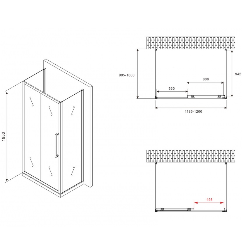 Душевой уголок Abber Schwarzer Diamant AG30120BMH-S100BM-S100BM 120х100х195 (черный матовый), П-образный