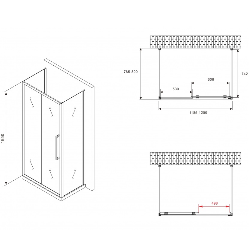 Душевой уголок Abber Schwarzer Diamant AG30120H-S80-S80 120x80x195 (хром), П-образный