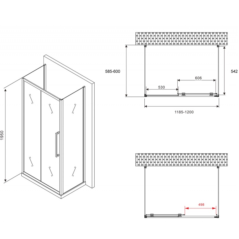 Душевой уголок Abber Schwarzer Diamant AG30120MH-S60M-S60M 120x60x195 (хром), П-образный