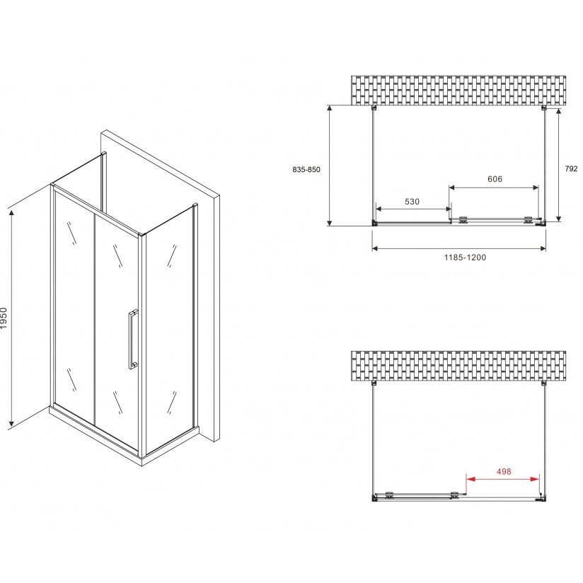 Душевой уголок Abber Schwarzer Diamant AG30120MH-S85M-S85M 120x85x195 (хром), П-образный