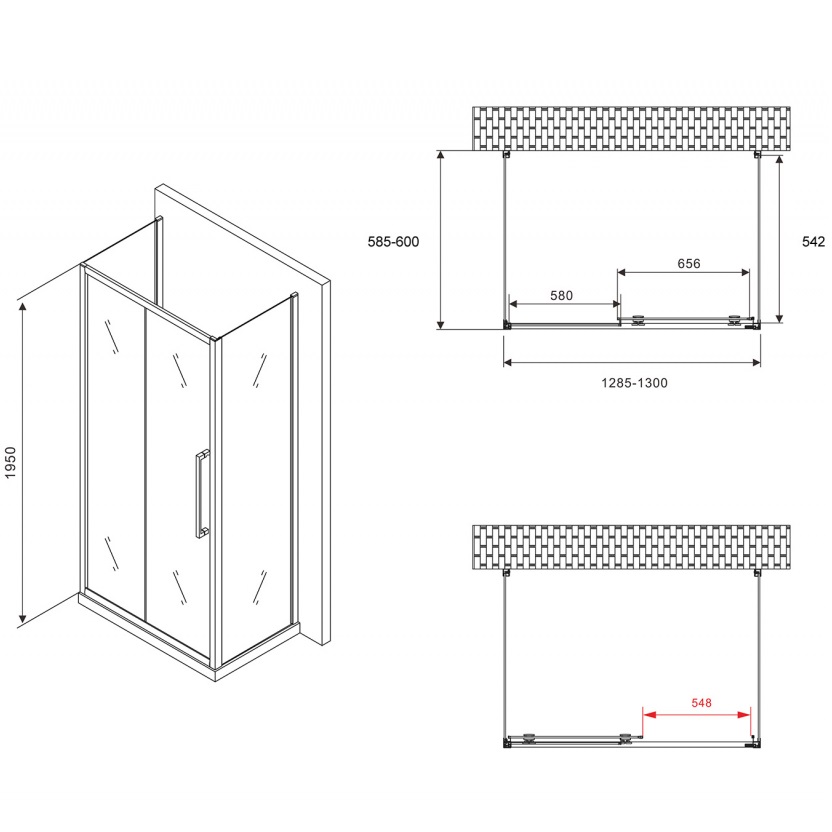 Душевой уголок Abber Schwarzer Diamant AG30130BH-S60B-S60B 130x60x195 (черный матовый), П-образный