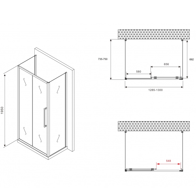 Душевой уголок Abber Schwarzer Diamant AG30130BH-S75B-S75B 130x75x195 (черный матовый), П-образный