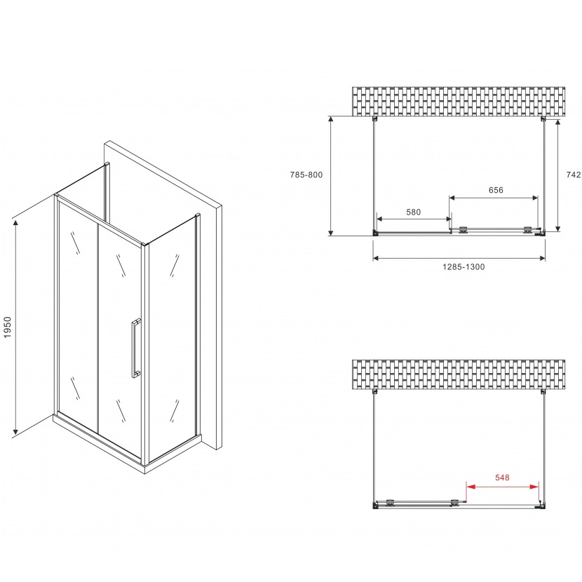 Душевой уголок Abber Schwarzer Diamant AG30130BH-S80B-S80B 130x80x195 (черный матовый), П-образный