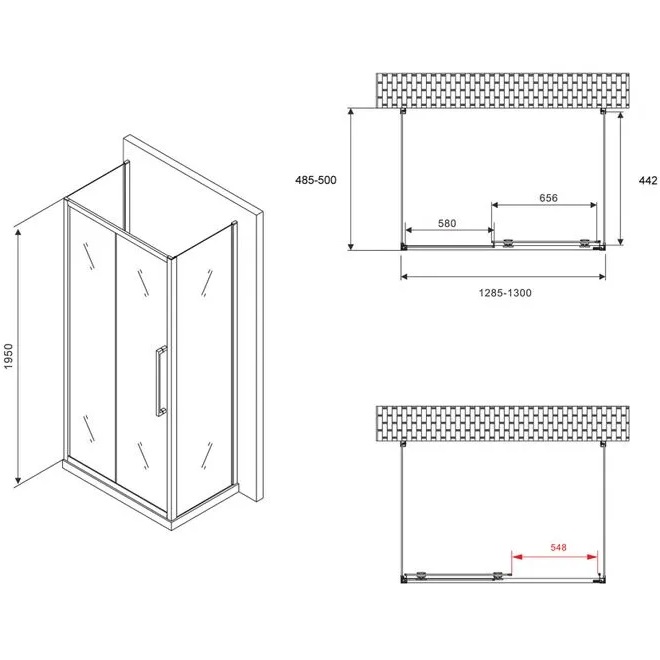 Душевой уголок Abber Schwarzer Diamant AG30130H-S50-S50 130x50x195 (хром), П-образный