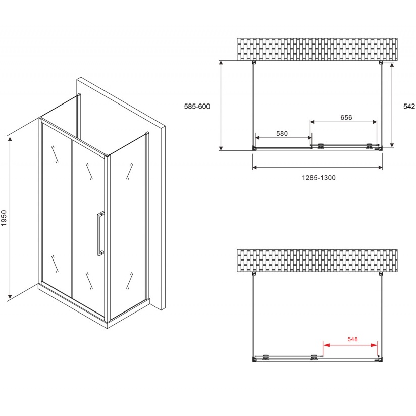 Душевой уголок Abber Schwarzer Diamant AG30130H-S60-S60 130x60x195 (хром), П-образный