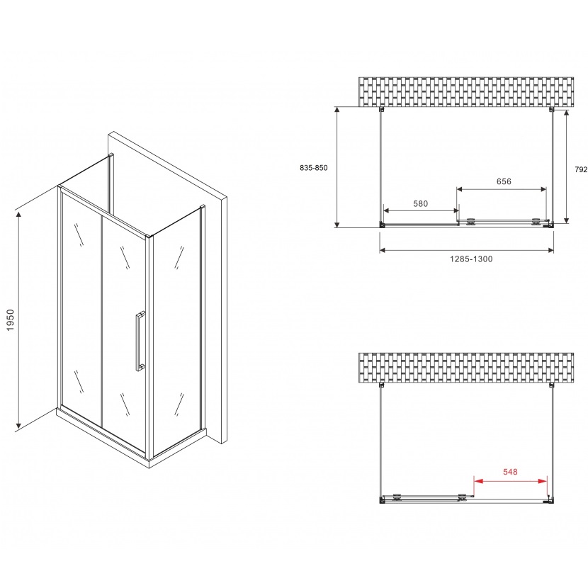 Душевой уголок Abber Schwarzer Diamant AG30130H-S85-S85 130x85x195 (хром), П-образный
