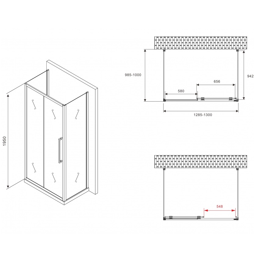 Душевой уголок Abber Schwarzer Diamant AG30130MH-S100M-S100M 130x100x195 (хром), П-образный