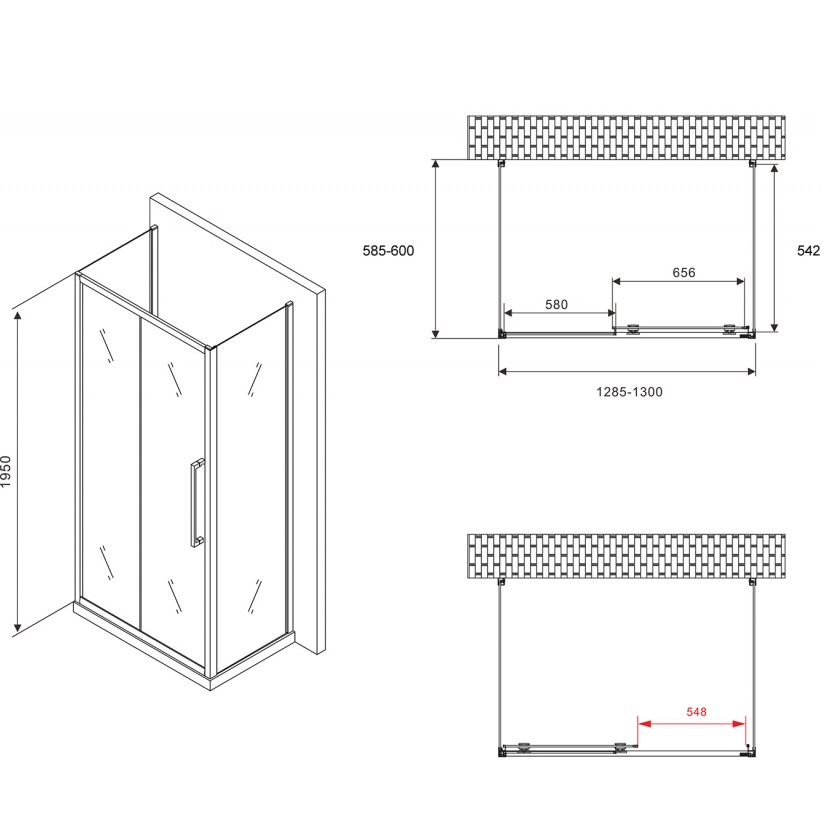 Душевой уголок Abber Schwarzer Diamant AG30130MH-S60M-S60M 130x60x195 (хром), П-образный