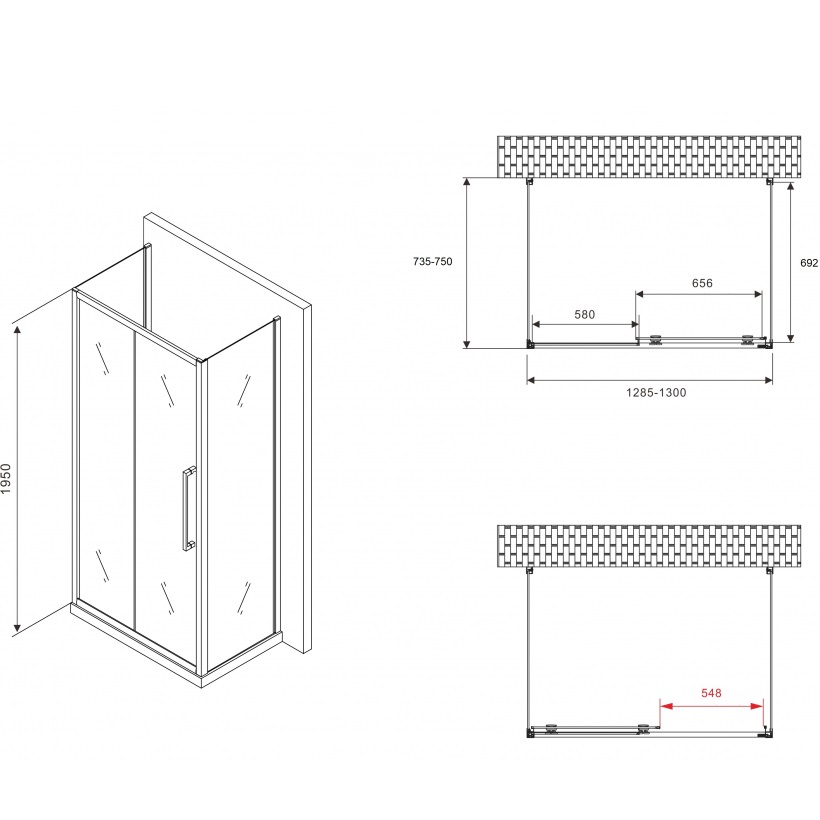 Душевой уголок Abber Schwarzer Diamant AG30130MH-S75M-S75M 130x75x195 (хром), П-образный