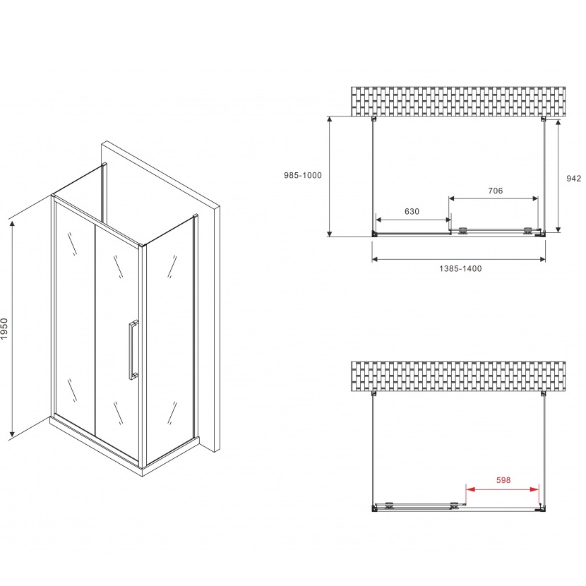 Душевой уголок Abber Schwarzer Diamant AG30140BH-S100B-S100B 140x100x195 (черный матовый), П-образный
