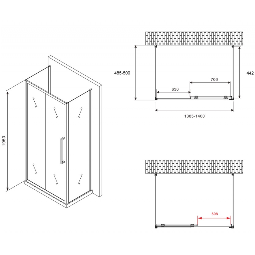 Душевой уголок Abber Schwarzer Diamant AG30140BH-S50B-S50B 140x50x195 (черный матовый), П-образный