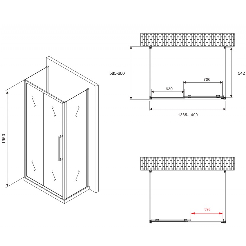 Душевой уголок Abber Schwarzer Diamant AG30140BH-S60B-S60B 140x60x195 (черный матовый), П-образный