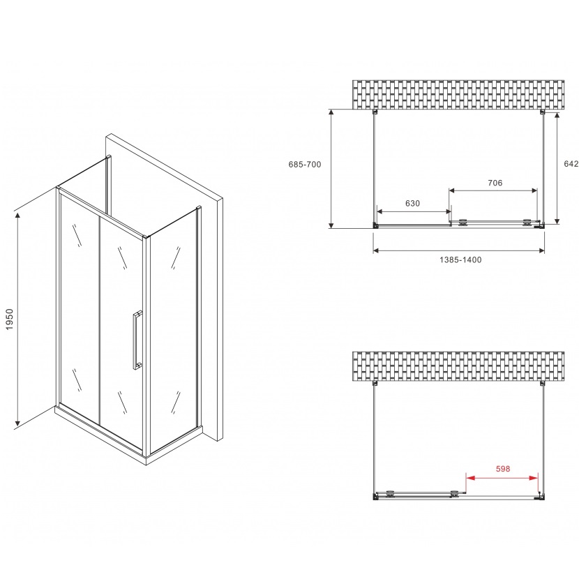 Душевой уголок Abber Schwarzer Diamant AG30140BH-S70B-S70B 140x70x195 (черный матовый), П-образный