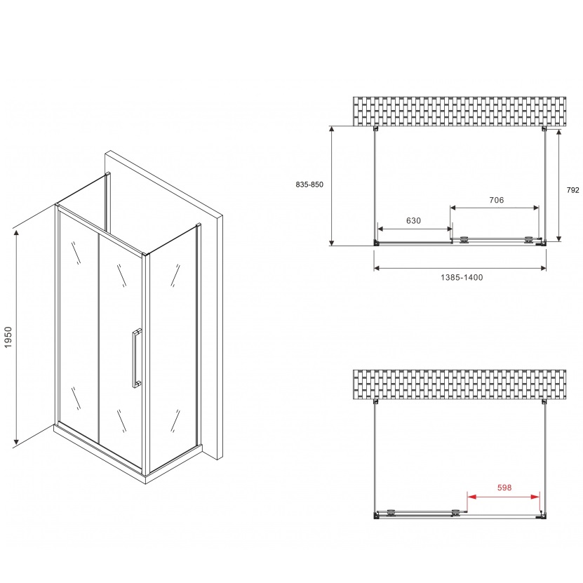 Душевой уголок Abber Schwarzer Diamant AG30140BH-S85B-S85B 140x85x195 (черный матовый), П-образный