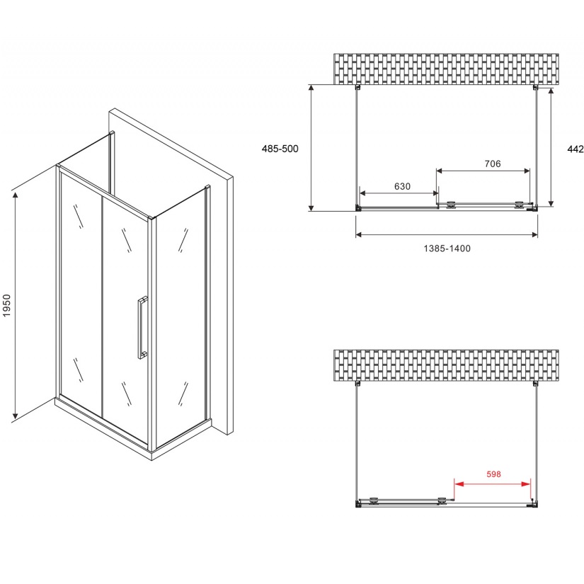 Душевой уголок Abber Schwarzer Diamant AG30140H-S50-S50 140x50x195 (хром), П-образный