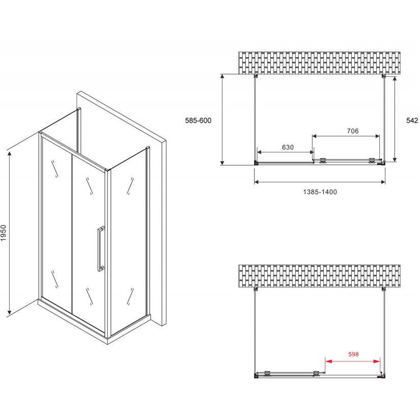 Душевой уголок Abber Schwarzer Diamant AG30140H-S60-S60 140x60x195 (хром), П-образный