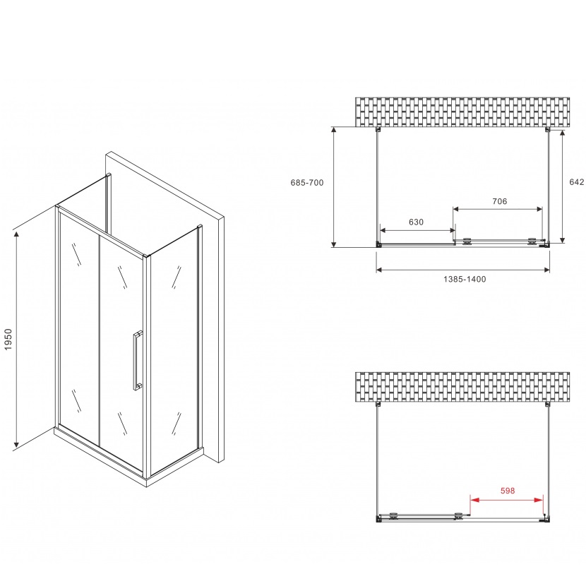 Душевой уголок Abber Schwarzer Diamant AG30140H-S70-S70 140x70x195 (хром), П-образный