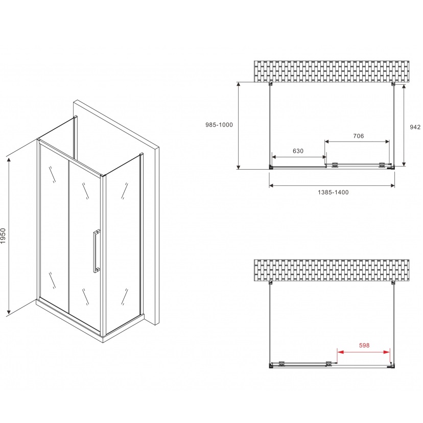 Душевой уголок Abber Schwarzer Diamant AG30140MH-S100M-S100M 140x100x195 (хром), П-образный