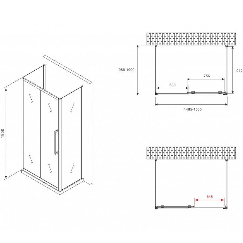 Душевой уголок Abber Schwarzer Diamant AG30150BH-S100B-S100B 150x100x195 (черный матовый), П-образный